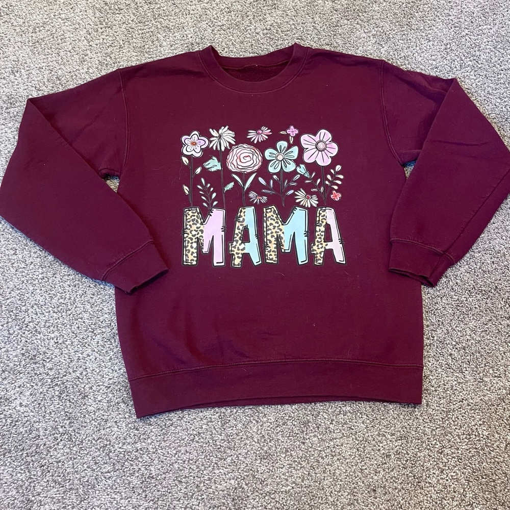 Custom Printed Mama Crewneck Sweatshirt w/ Flowers: Size M